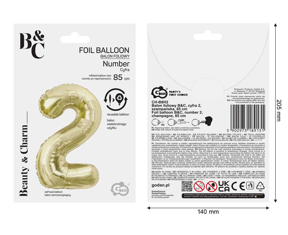 Foil balloon B&C, number 2, champagne, 85 cm